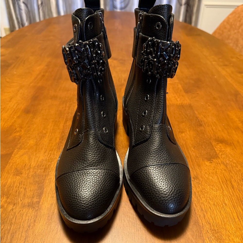 Karl Lagerfield Pippa Embellished Buckled Combat Style Black Boots, 8M/38 1/2 B